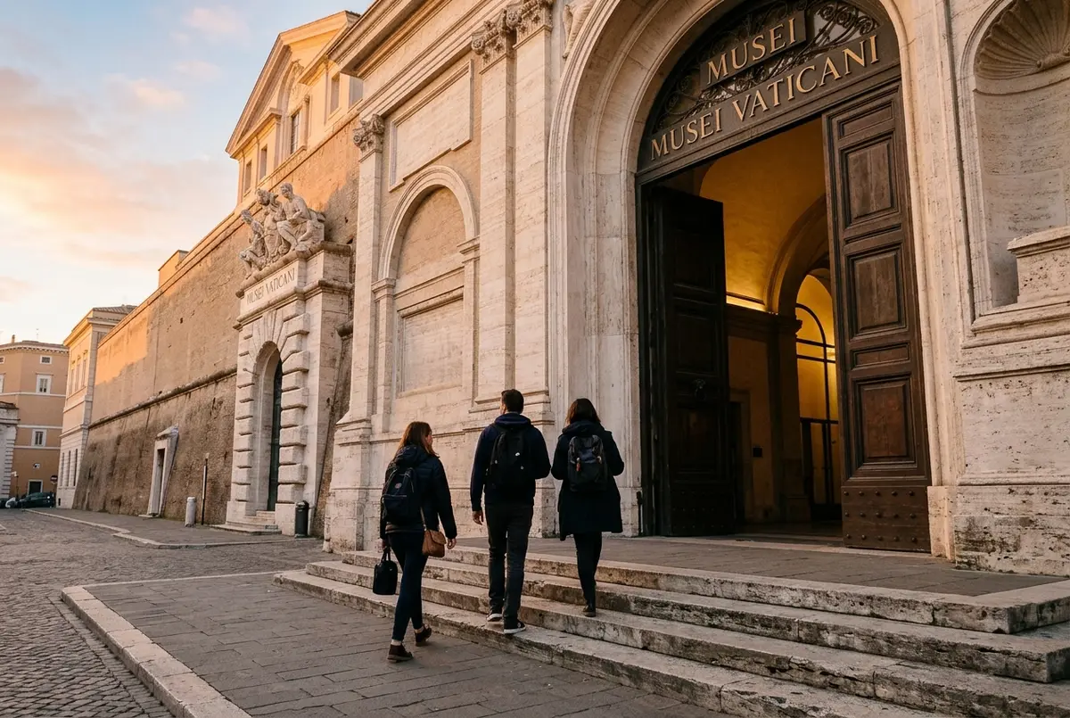 Viajero consultando el reloj frente a la entrada vacía de los Museos Vaticanos a primera hora de la mañana, horario capilla sixtina