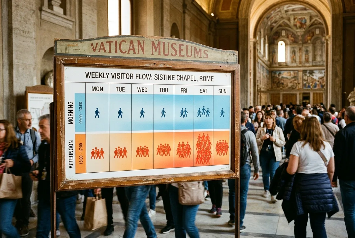 Infografía con una línea de tiempo de mañana a tarde mostrando los niveles de multitud en la capilla sixtina según el horario de entrada