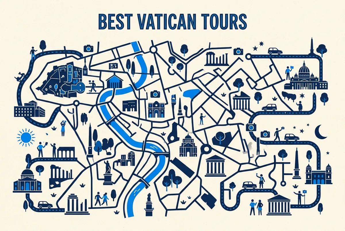 illustrated map of Rome highlights for Best Vatican Tours: Guided vs Private vs Early Morning vs Night, best vatican tours