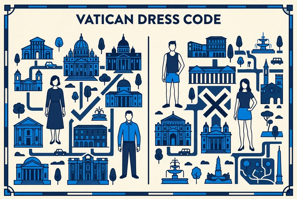 Simple checklist infographic showing allowed versus banned clothing items for the Sistine Chapel and Vatican Museums dress code