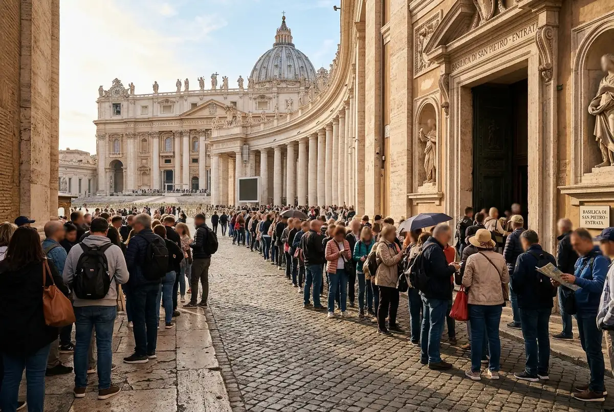 Entrada dos Museus Vaticanos ao nascer do dia, com poucas pessoas na fila e luz dourada suave sobre a fachada