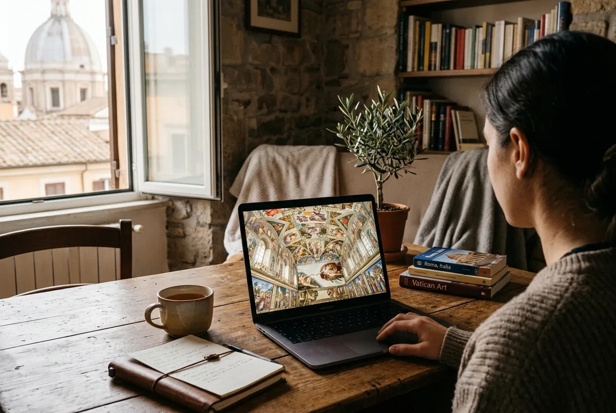 Voyageur regardant la visite virtuelle de la chapelle sixtine sur une tablette, canapé cosy, lumière du soir, écran affichant une fresque de plafond