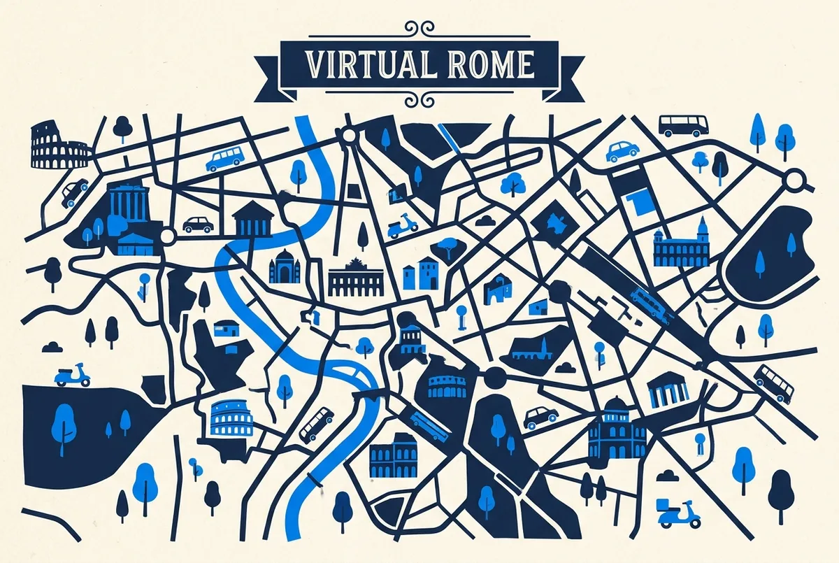 Infographie comparant la visite virtuelle de la chapelle sixtine à la visite réelle, icônes génériques écran et silhouette sous un plafond, échelle et lumière