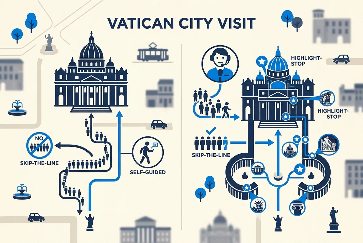 Infografik mit Symbolen für Dauer, Gruppengröße und enthaltene Leistungen verschiedener Petersdom Führungen im Vergleich