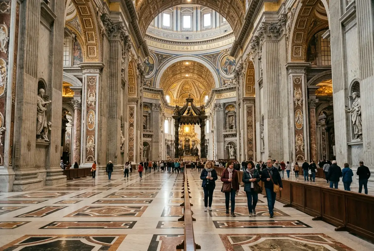 Vue grand angle de l'intérieur basilique saint pierre depuis la nef centrale, colonnes de marbre et lumière dorée tombant du dôme