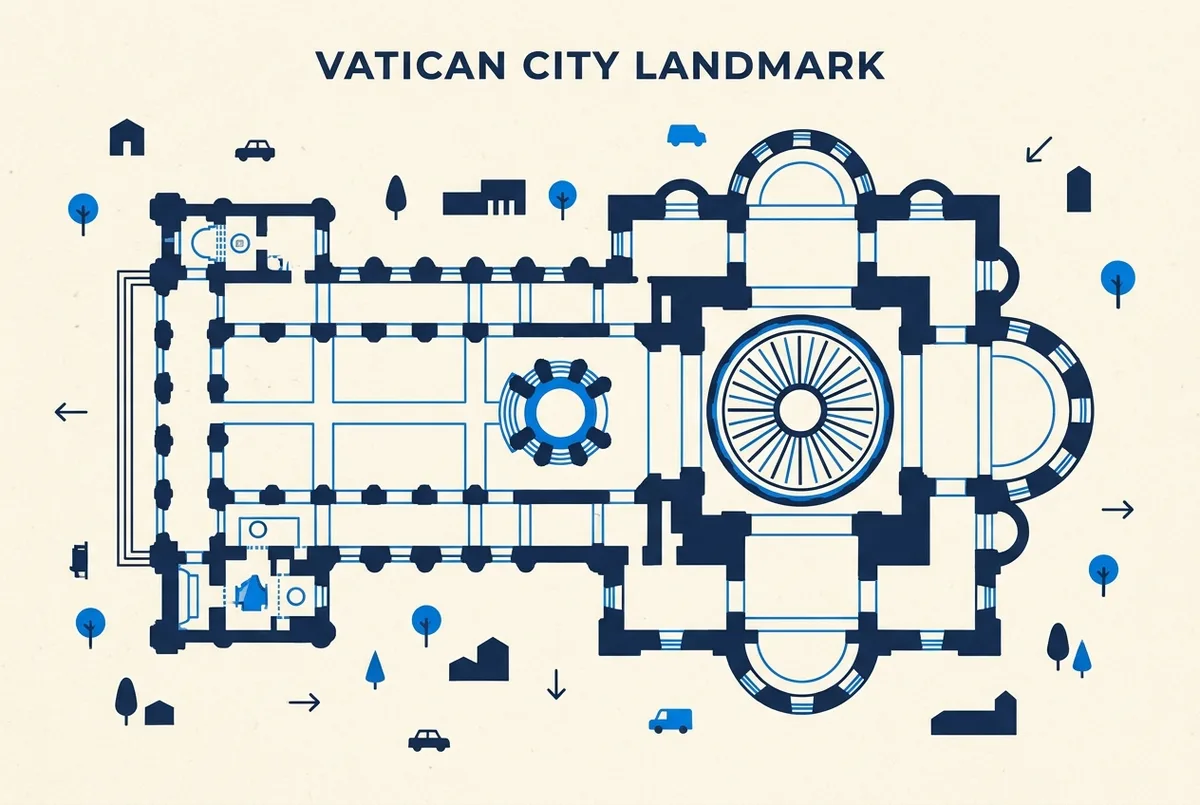 Plan intérieur basilique saint pierre en infographie minimaliste, points numérotés indiquant la Pietà, le baldaquin et la tombe de saint Pierre