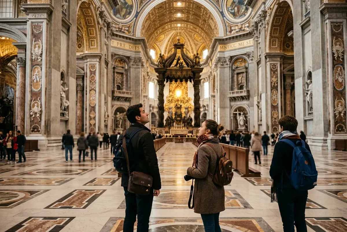 Besucher blicken bei warmem Morgenlicht ehrfürchtig auf die Kuppel des Petersdoms vom Petersplatz aus, Symbolbild für ein Vatikan Petersdom Ticket