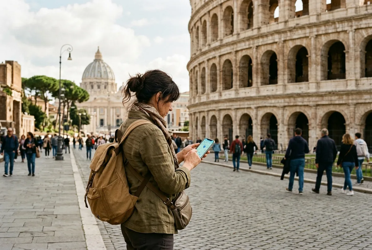 Traveler checking a phone map outside the Colosseum at midday with the dome of St Peter's Basilica visible far across the Rome skyline