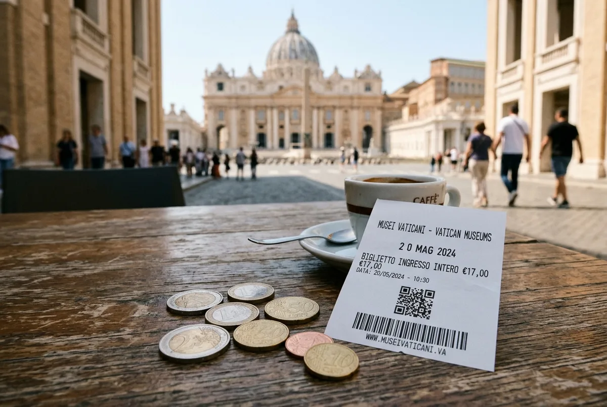 Monedas de euro y un recibo impreso de entrada al vaticano precio sobre una mesa de café cerca de la Plaza de San Pedro