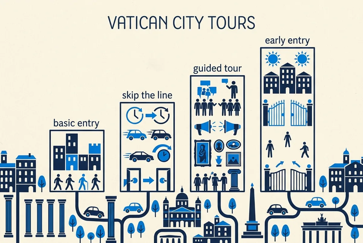 Infographie comparant trois niveaux de billets pour le vatican : entrée simple, coupe-file et visite guidée, icônes génériques pour ticket, horloge et guide