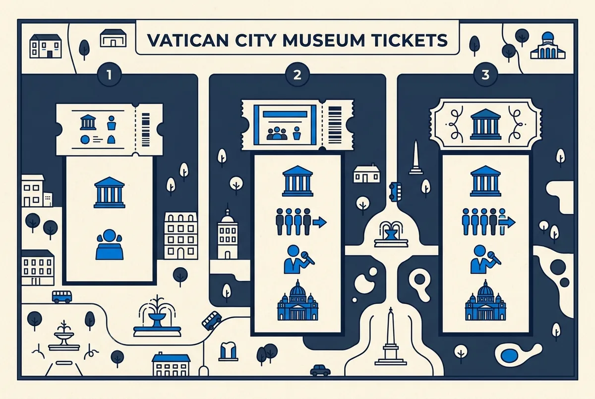 Infographie comparant trois façons de réserver un billet vatican : site officiel, billet coupe-file et visite guidée, icônes génériques pour ticket, horloge et guide