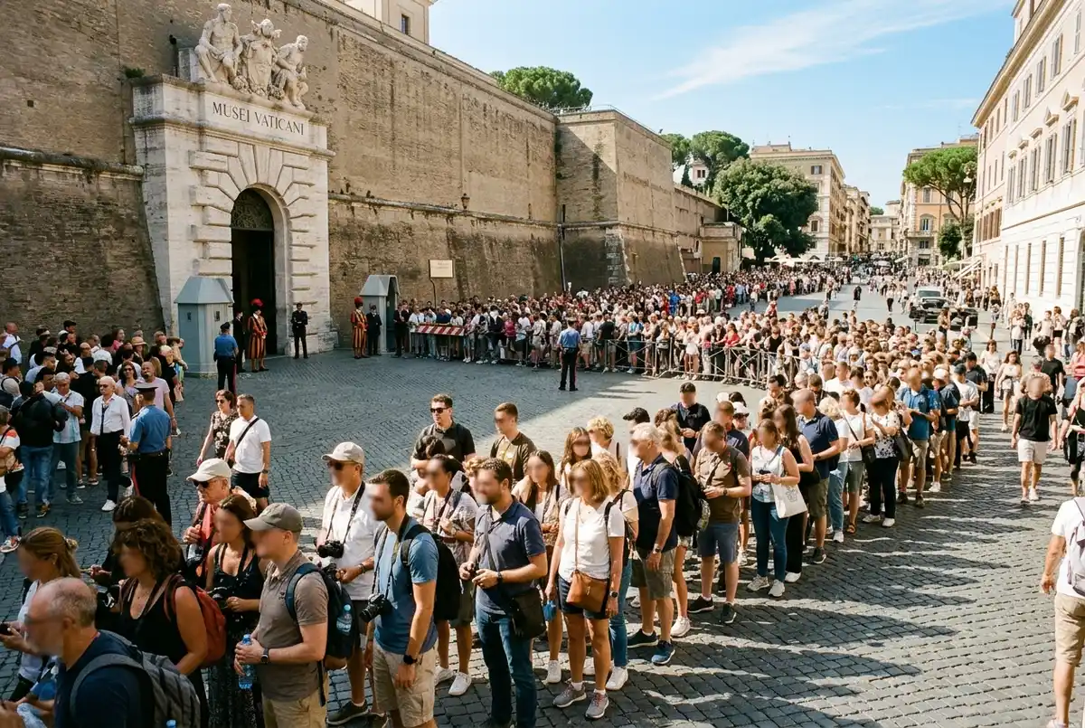 Plaza de entrada a los Museos Vaticanos abarrotada en una mañana de domingo de entrada gratuita con una fila larga formándose temprano