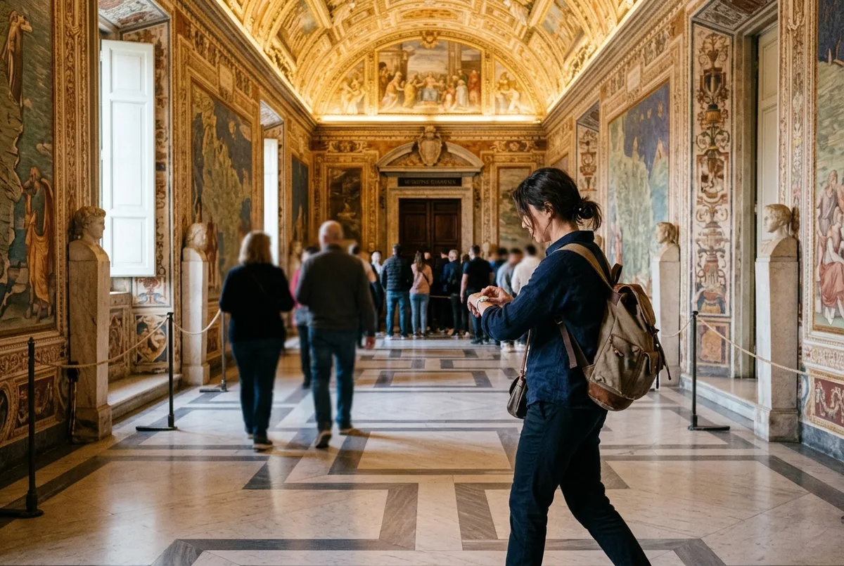 Viajero consultando la hora en su reloj dentro de una galería de los museos vaticanos camino a la capilla sixtina, duración visita museos vaticanos
