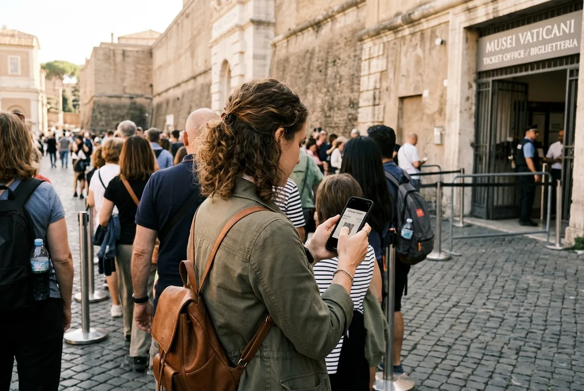 Reisende prüft Vatikan Tickets vor Ort auf dem Handy in der Warteschlange vor der Tageskasse der Vatikanischen Museen am Morgen