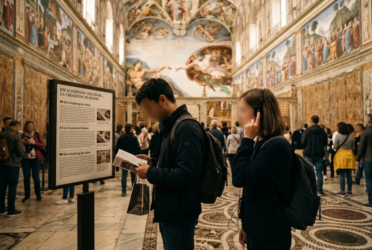 Besucher liest ein Hinweisschild in der Sixtinischen Kapelle ohne Guide, während daneben jemand mit Audioguide am Ohr steht
