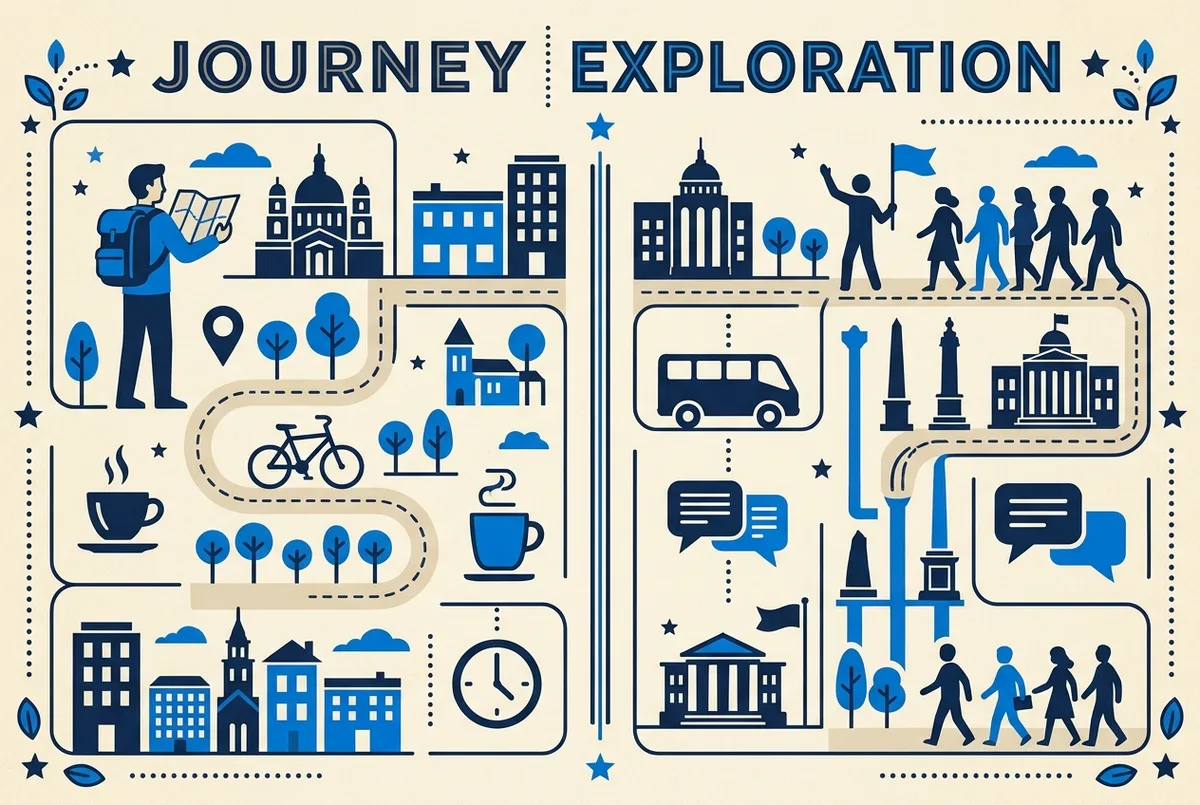 Vergleichsinfografik mit zwei Spalten, selbstständiger Besuch ohne Führung gegenüber geführter Tour, mit generischen Symbolen für Zeit, Erzählung und Tempo