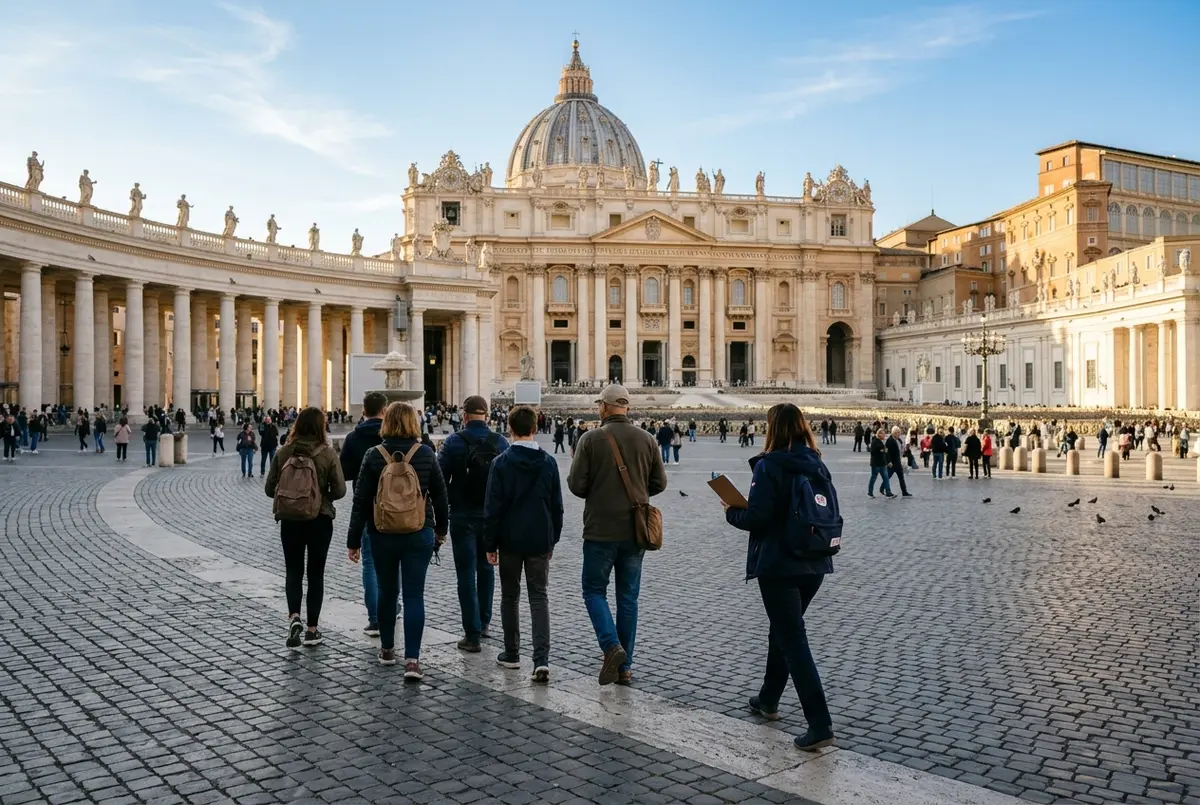 Guía turístico explicando un fresco a un grupo pequeño en una galería de los museos vaticanos