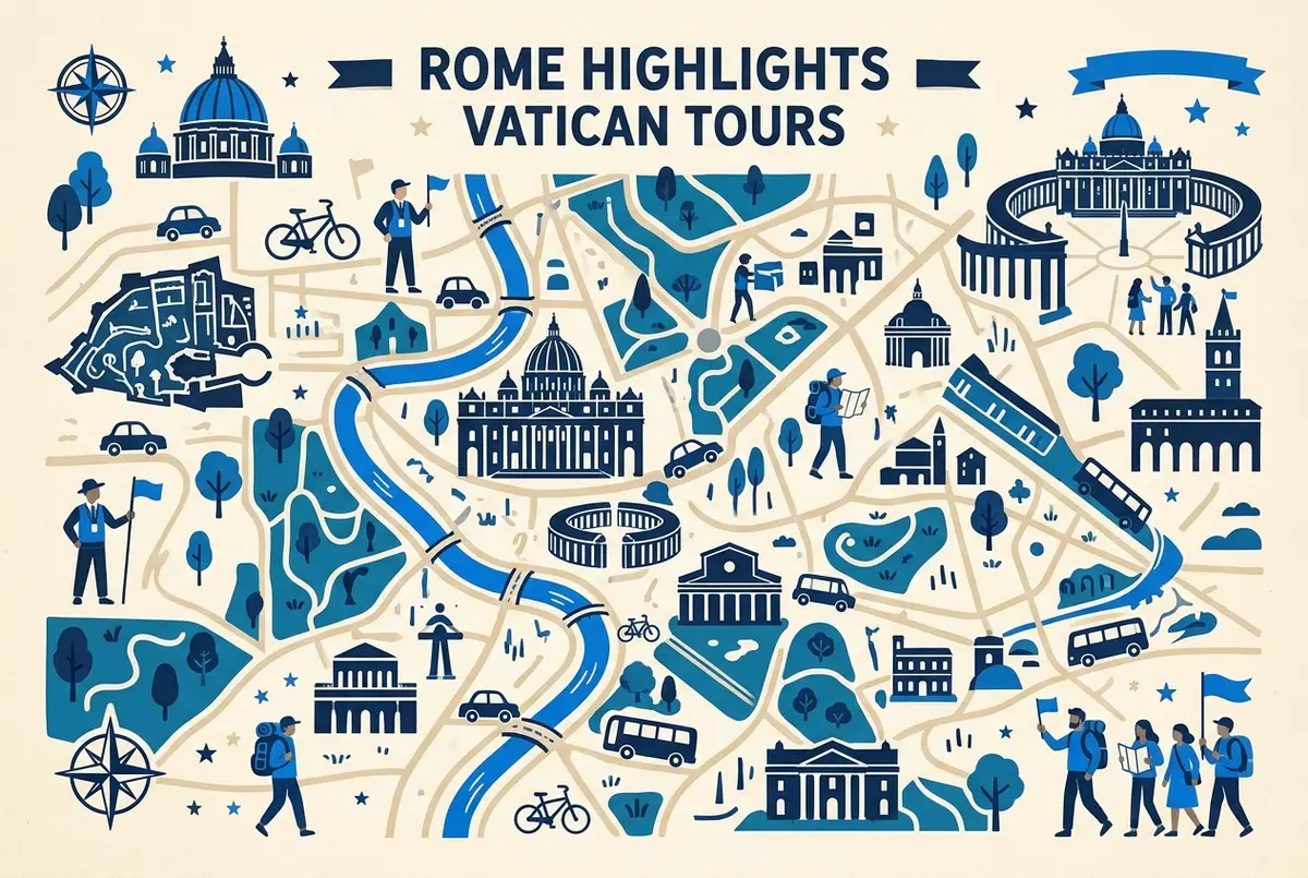 Infografía comparando los cinco formatos de visita guiada museos vaticanos por precio y duración, con iconos de guía, audioguía y acceso anticipado