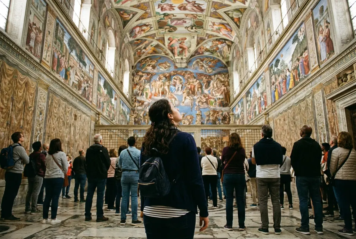 Traveler looking up at the Sistine Chapel ceiling fresco in soft diffused light with other visitors standing quietly nearby