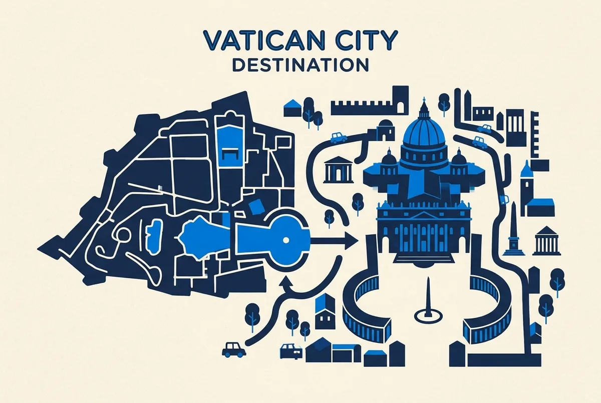 Simple infographic diagram showing the Sistine Chapel as one room inside the Vatican Museums complex, positioned next to the separate St Peter's Basilica building within Vatican City